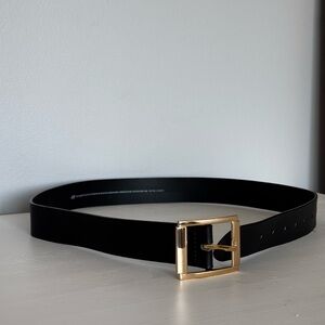 H&M Classic Black Leather Belt with Gold Buckle